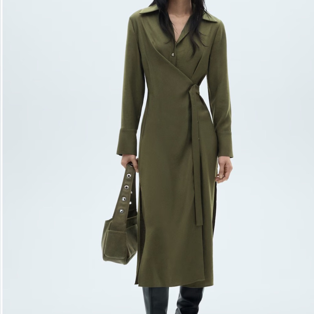 Mango Olive Green Long Sleeve Wrap Midi Dress